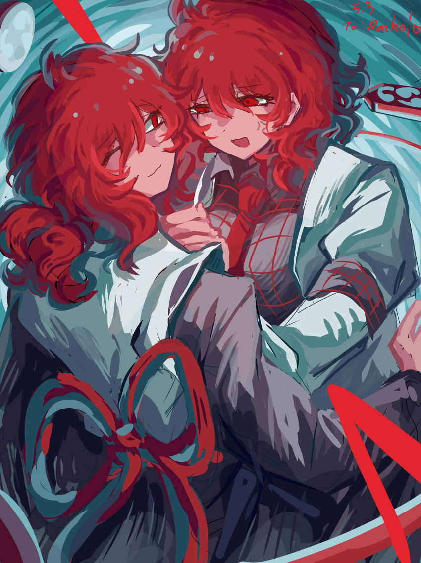 2girls ;3 absurdres anger_vein back_ribbon black_shirt closed_mouth dated dual_persona hair_between_eyes highres horikawa_raiko jacket kuyisang long_hair multiple_girls necktie one_eye_closed open_clothes open_jacket open_mouth red_eyes red_hair red_necktie red_ribbon ribbon shirt smile touhou white_jacket