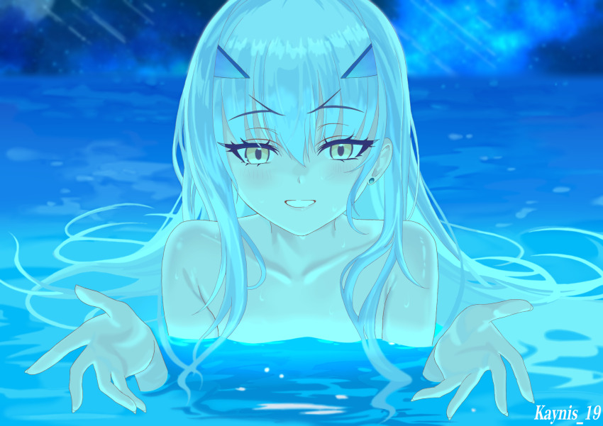 1girl blush breasts chainsaw_man collarbone fate/grand_order fate_(series) forked_eyebrows grin highres i&#039;ll_teach_you_everything_(chainsaw_man) kayu_manis19 long_hair looking_at_viewer melusine_(fate) nude partially_submerged pool scene_reference sidelocks small_breasts smile solo water white_hair yellow_eyes