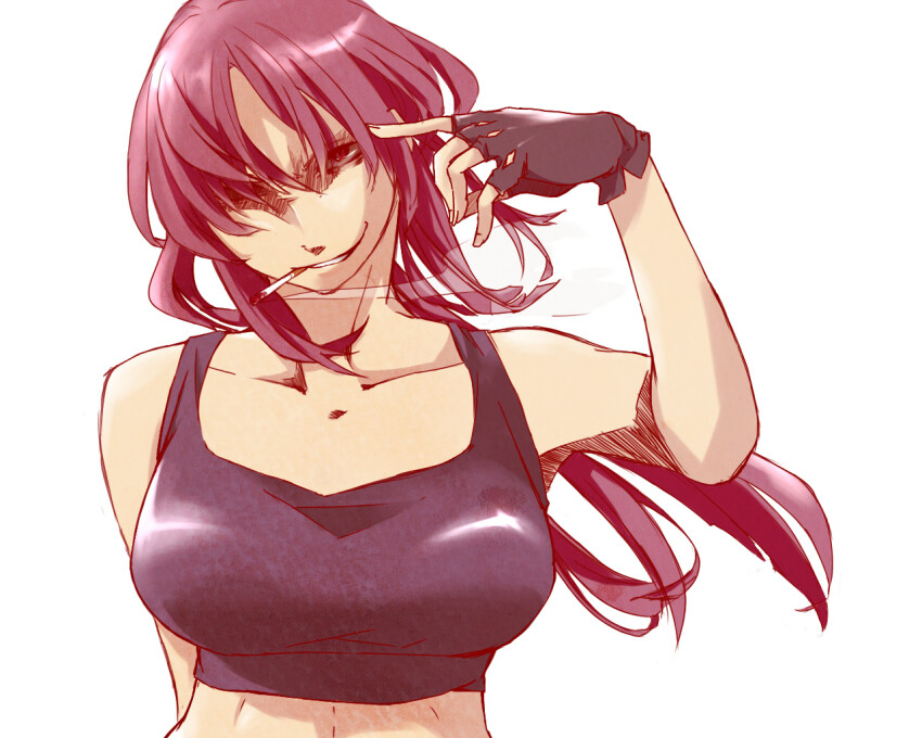1girl bare_shoulders black_gloves black_lagoon black_shirt breasts cigarette collarbone commentary_request evil_grin evil_smile fingerless_gloves gloves grin hand_on_own_head long_hair medium_breasts one_eye_covered purple_hair revy_(black_lagoon) shaded_face shirt simple_background sleeveless sleeveless_shirt smile smoke smoke_trail solo takuma_(saitousaikou) teeth white_background
