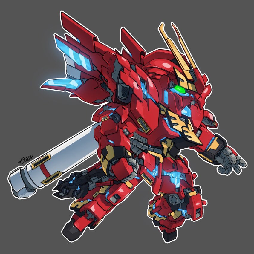 chibi commentary english_commentary glowing glowing_eyes green_eyes grey_background gundam gundam_unicorn highres mecha mecha_focus mobile_suit no_humans nt-d robot science_fiction sd_gundam signature sinanju solo thrusters toilobo unicorn_gundam v-fin