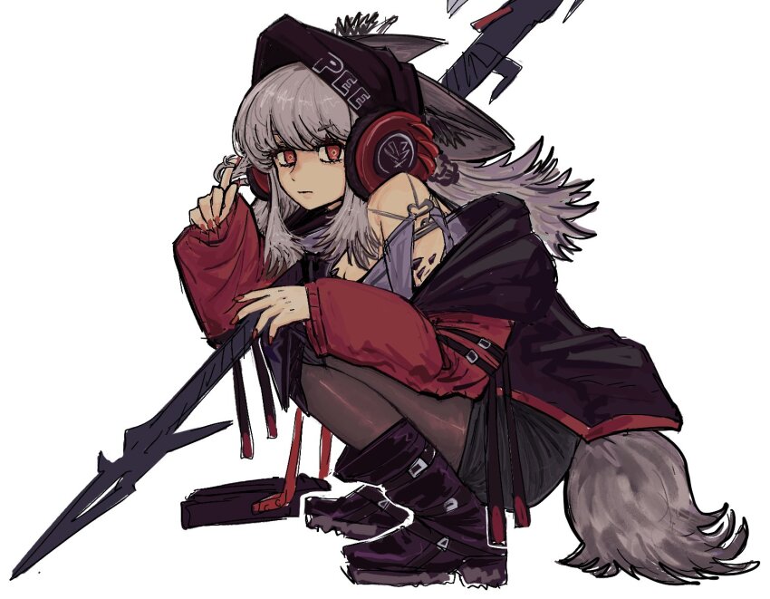 animal_ears arknights beanie behind-the-head_headphones black_hat ears_through_headwear fox_ears fox_girl fox_tail frostleaf_(arknights) grey_shirt halberd hat headphones headphones_over_headwear highres implied_extra_ears jacket material_growth off-shoulder_shirt off_shoulder oripathy_lesion_(arknights) pikminpreggedup polearm red_jacket red_nails shirt tail weapon woollen_cap