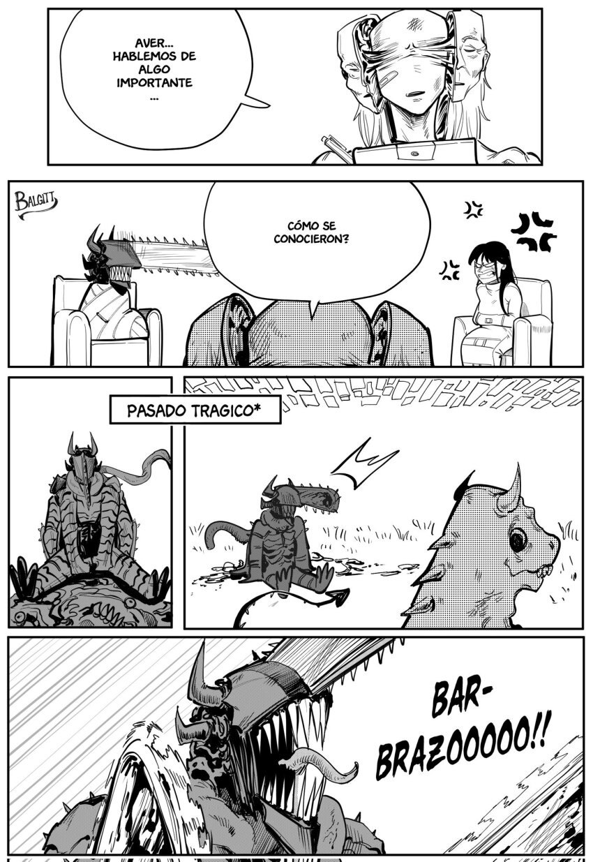 1boy 2girls aging_devil_(chainsaw_man) artist_name black_hair breasts chainsaw chainsaw_devil chainsaw_man couch couple extra_arms facing_to_the_side greyscale hair_between_eyes hetero highres horns husband_and_wife intestine_clothing intestines long_hair monochrome multiple_girls no_eyes open_mouth pochita_(chainsaw_man) ringed_eyes scar scarf sharp_teeth shirt signature simple_background sitting spanish_text split_head teeth therapy translated victorbalgitt yoru_(chainsaw_man)