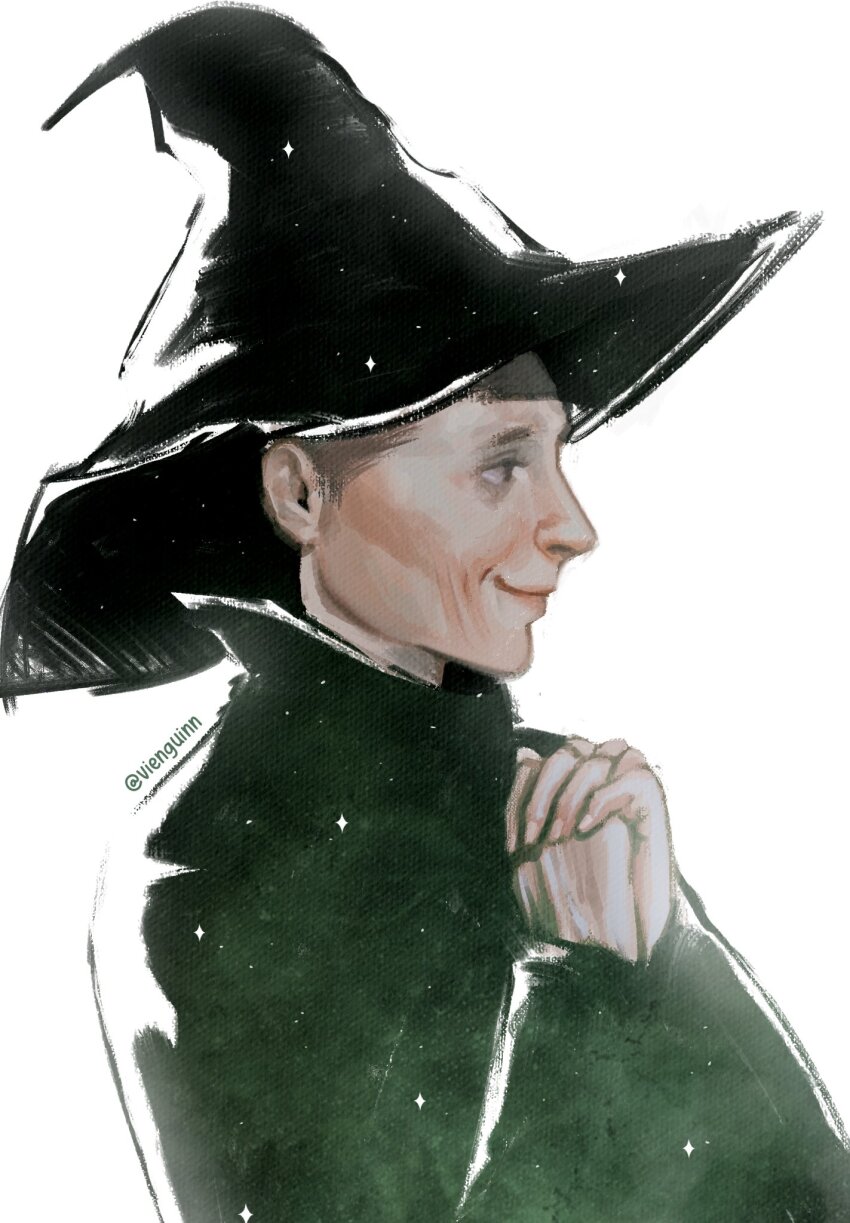 1girl cloak closed_mouth commentary english_commentary harry_potter_(series) hat high_collar highres looking_ahead minerva_mcgonagall old old_woman own_hands_together profile simple_background smile solo twitter_username upper_body vienguinn white_background witch_hat wizarding_world