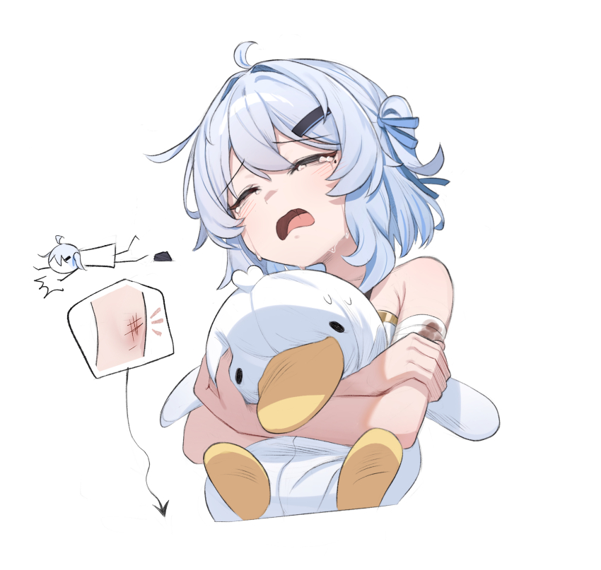 1girl ahisha_(di_le_to) ahoge arrow_(symbol) blush bruise chibi chibi_inset closed_eyes cropped_torso crying di_le_to dress grey_hair hair_intakes hair_ornament hairclip highres hugging_object injury mole mole_under_eye open_mouth original simple_background sleeveless sleeveless_dress stuffed_animal stuffed_duck stuffed_toy tears tripping white_background white_dress