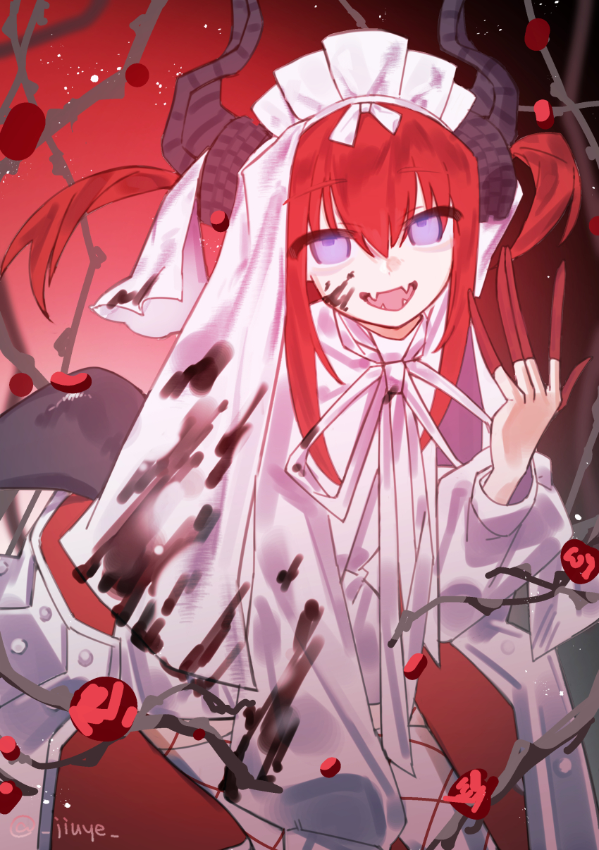 1girl 596255094 absurdres blood blood_on_clothes blue_eyes colored_extremities dragon_girl dragon_horns dragon_tail dress elizabeth_bathory_(avenger)_(fate) fangs fate/grand_order fate_(series) feet_out_of_frame fishnets highres horns lolita_fashion long_hair looking_at_viewer open_mouth red_background red_hair smile solo tail thighhighs two_side_up veil white_dress white_headdress white_thighhighs white_veil