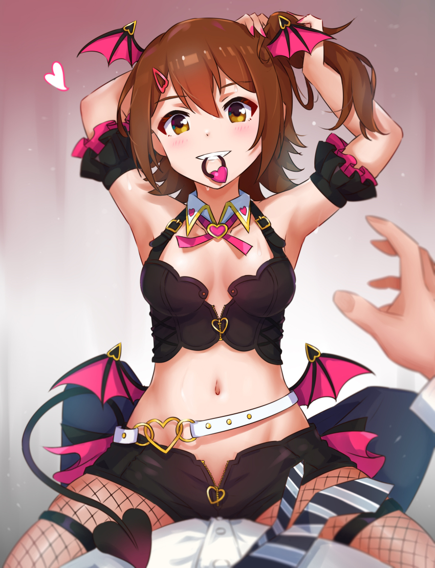 1boy 1girl absurdres adjusting_hair armband armpits arms_up belt black_shirt black_shorts blue_pants bow bowtie breasts brown_hair buttons cleavage commentary_request crop_top demon_tail demon_wings detached_collar fishnet_pantyhose fishnets frilled_armband frills girl_on_top gradient_background grin hair_between_eyes hair_ornament hairclip head_wings highres idolmaster idolmaster_million_live! idolmaster_million_live!_theater_days kasuga_mirai koaya light_blush looking_at_viewer low_wings medium_breasts medium_hair monster!_devil_(idolmaster) nail_polish navel necktie official_alternate_costume pants pantyhose pink_bow pink_bowtie pink_nails producer_(idolmaster) shirt short_shorts shorts side_ponytail sidelocks smile stomach striped_necktie sweat tail teeth thigh_strap thighs white_belt white_shirt wing_hair_ornament wings yellow_eyes zipper zipper_pull_tab