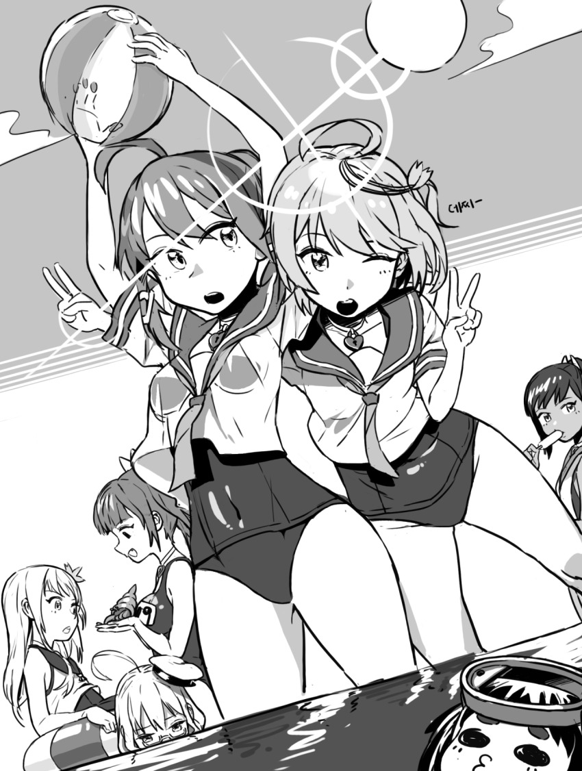 6+girls ahoge arms_up ball beachball breasts commentary covered_navel day double_v english_commentary food gom_(kooskoo) hair_between_eyes hair_ornament hat hermit_crab highres holding holding_food holding_popsicle i-168_(kancolle) i-19_(kancolle) i-401_(kancolle) i-58_(kancolle) i-8_(kancolle) innertube kantai_collection long_hair maru-yu_(kancolle) medium_breasts monochrome multiple_girls o3o one-piece_swimsuit one_eye_closed open_mouth outdoors ponytail popsicle ro-500_(kancolle) sailor_collar short_sleeves swim_ring swimsuit v