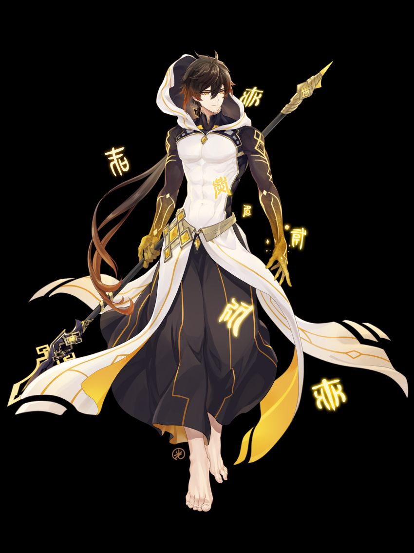 1boy antenna_hair baggy_pants barefoot black_background black_pants brown_hair closed_mouth coat commentary_request covered_navel eyeliner feet floating_hair full_body gem genshin_impact gold_trim hair_between_eyes highres hikaru002001 holding holding_polearm holding_weapon hood hood_up hooded_coat long_hair low_ponytail makeup male_focus no_shoes pants polearm ponytail red_eyeliner sidelocks simple_background solo toenails toes very_long_hair vortex_vanquisher_(genshin_impact) weapon white_coat yellow_eyes yellow_gemstone zhongli_(archon)_(genshin_impact) zhongli_(genshin_impact)