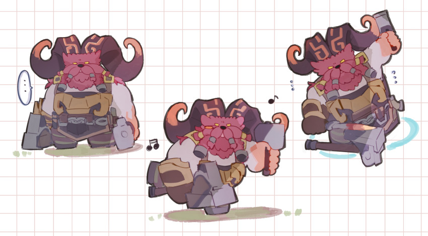 1boy beard body_fur facial_hair goat_boy goat_horns hammer highres holding holding_hammer horns league_of_legends long_hair looking_at_viewer male_focus multiple_views musical_note musical_note_print nakiyande orange_eyes ornn red_fur smithing standing
