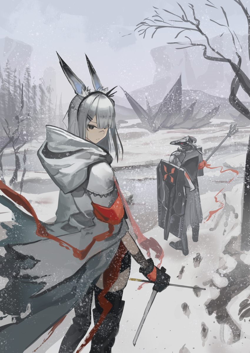1boy 1girl absurdres animal_ear_fluff animal_ears arknights armband bare_tree black_gloves black_thighhighs coat dagger day father_and_daughter footprints frostnova_(arknights) gloves grey_eyes grey_hair grey_sky hair_ornament hair_over_one_eye hairclip highres holding holding_dagger holding_knife holding_polearm holding_shield holding_weapon hood hood_down hooded_coat knife looking_at_viewer looking_back natsuba002 open_clothes open_coat originium_(arknights) outdoors patriot_(arknights) polearm rabbit_ears rabbit_girl reunion_logo_(arknights) scar scar_on_face scar_on_nose shield sky snow solo_focus thighhighs tree weapon white_coat wind winter