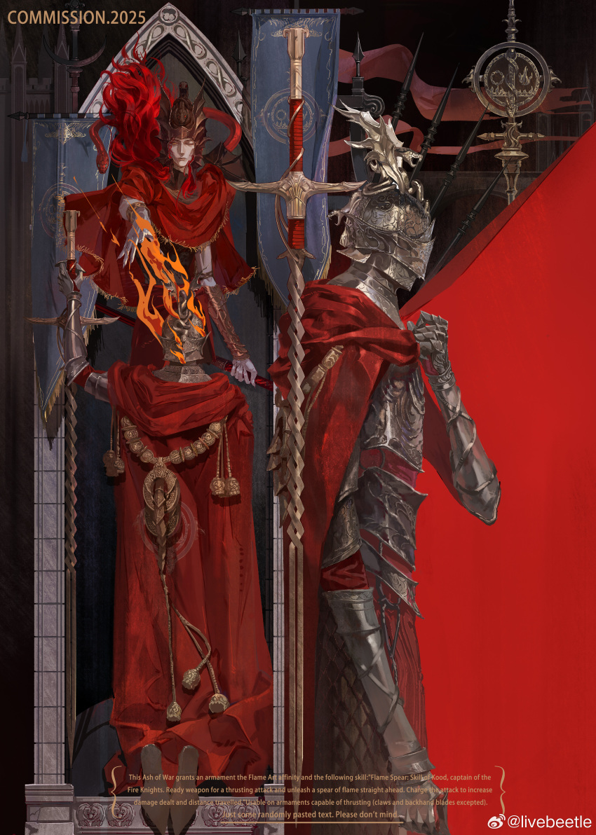 2boys absurdres armor battle_standard cape colored_skin elden_ring elden_ring:_shadow_of_the_erdtree english_text fingernails fire fire_knight_(elden_ring) fire_knight_kood gauntlets goth_fashion grey_skin helmet highres kneeling knight long_hair messmer_the_impaler multiple_boys one_eye_closed outstretched_hand planted planted_sword planted_weapon red_cape red_hair sharp_fingernails siyemmm snake sword weapon winged_helmet