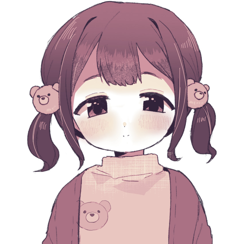 1girl animal_hair_ornament animal_print bear_hair_ornament bear_print blush cardigan hair_ornament long_sleeves looking_at_viewer monochrome nakajima_lupus open_cardigan open_clothes original print_shirt shirt short_hair smile standing turtleneck turtleneck_shirt twintails white_background