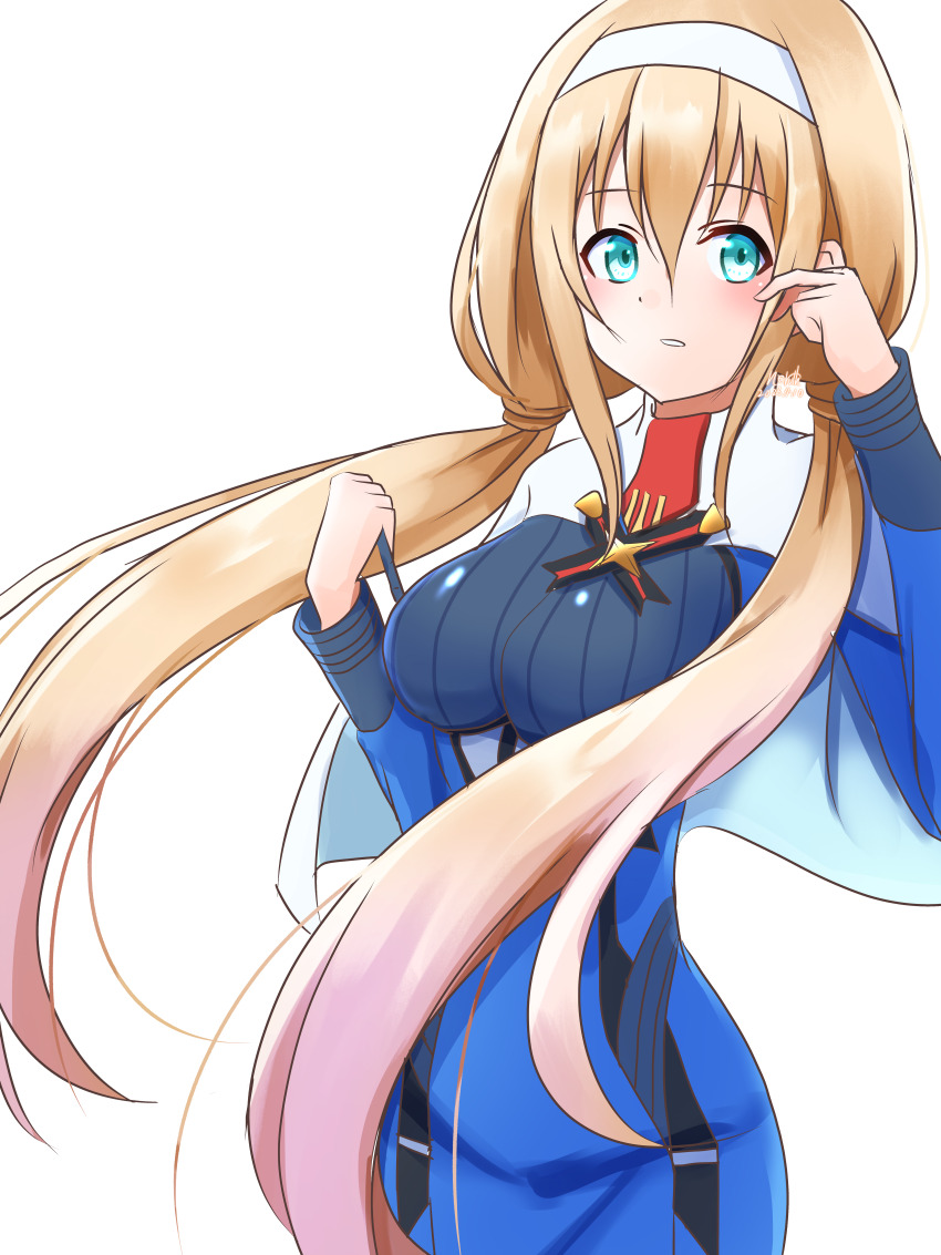 1girl absurdres aqua_eyes blonde_hair blue_dress blush capelet dress hairband highres long_hair long_sleeves low_twintails mitsuba_greyvalley necktie neruth parted_lips red_necktie solo super_robot_wars super_robot_wars_30 twintails very_long_hair white_capelet white_hairband