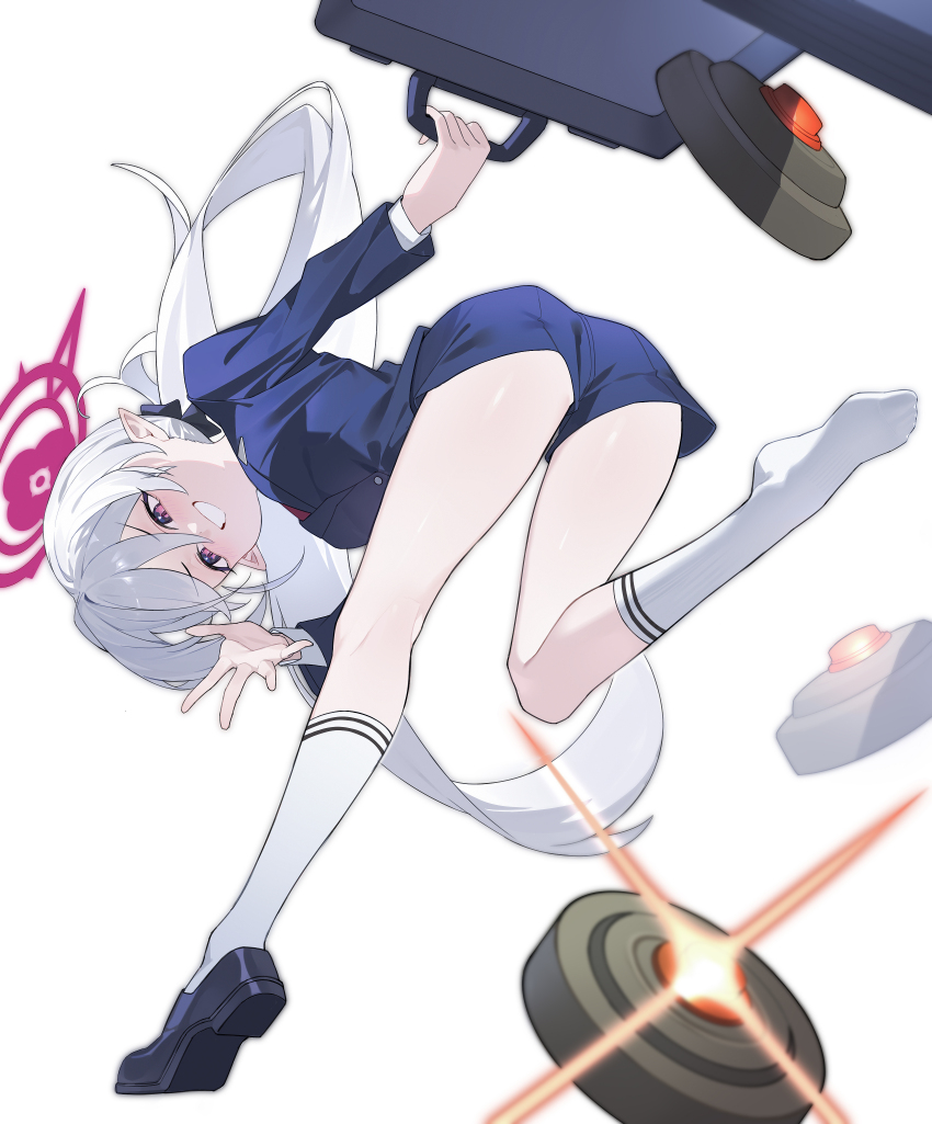 1girl absurdres alternate_costume ass blue_archive blue_shirt blue_shorts chinese_commentary commentary_request explosive from_behind grey_hair grin halo highres holding holding_suitcase leaning_forward long_hair long_sleeves looking_at_viewer looking_back lushi_jin_up mine_(weapon) mutsuki_(blue_archive) pink_halo purple_eyes shirt shoes shorts simple_background single_shoe smile socks solo standing standing_on_one_leg suitcase white_background white_socks