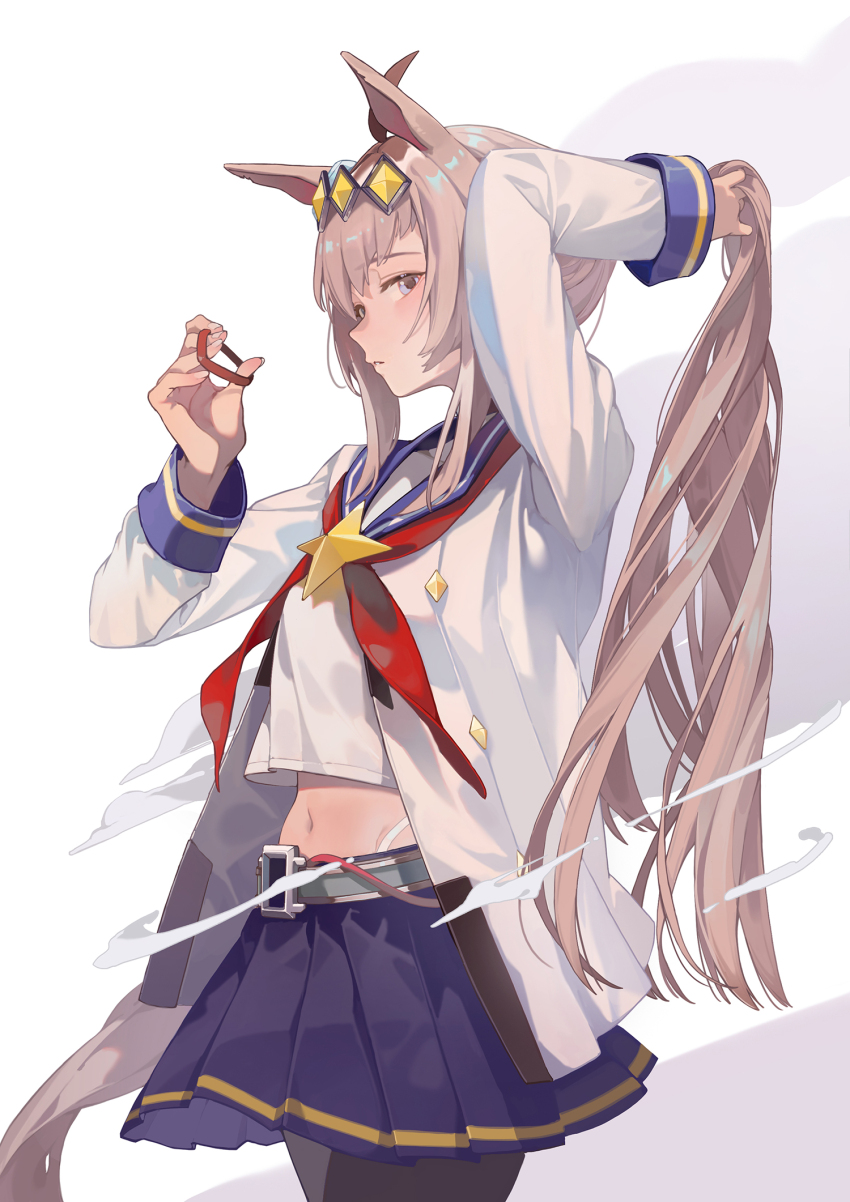 1girl adjusting_hair ahoge animal_ears black_pantyhose blue_eyes blue_skirt blush breasts buttons choker closed_mouth clothing_cutout commentary_request cowboy_shot ear_ornament from_side grey_hair hair_between_eyes hair_ornament highres holding horse_ears horse_girl horse_tail long_hair long_sleeves looking_at_viewer medium_breasts midriff multicolored_hair navel neckerchief oguri_cap_(umamusume) pantyhose pleated_skirt red_neckerchief sailor_collar shirt skirt solo streaked_hair tail tail_through_clothes umamusume very_long_hair white_shirt yoyogur