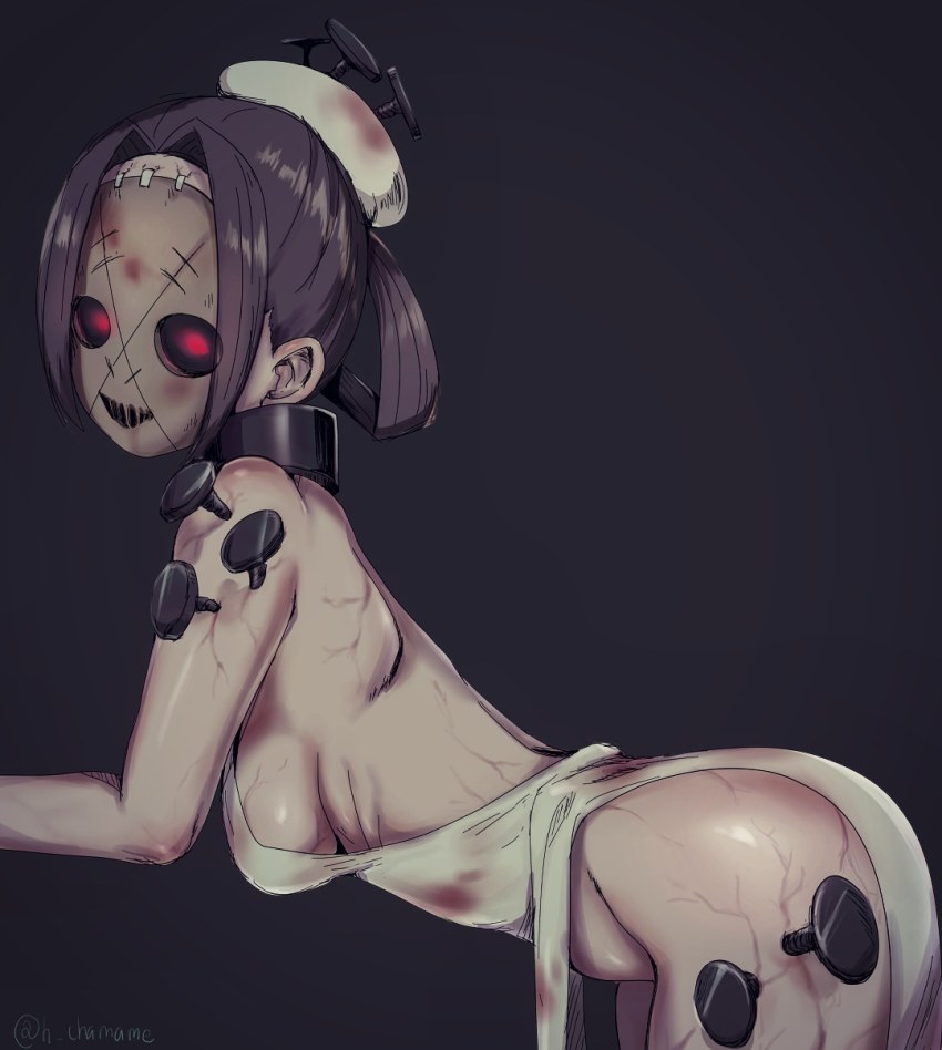 1girl brown_hair chamame female_focus highres mask painwheel_(skullgirls) red_eyes short_hair skullgirls solo stitches
