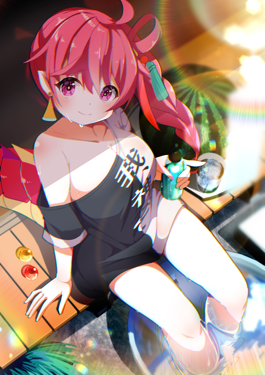 1girl absurdres ahoge arm_support black_shirt blurry blurry_background blush braid breasts can chromatic_aberration closed_mouth collarbone commission depth_of_field drink earrings food from_above fruit hair_between_eyes hair_ornament head_tilt highres holding holding_can jewelry large_breasts long_hair looking_at_viewer looking_up medium_breasts off-shoulder_shirt off_shoulder original pink_eyes pink_hair purple_eyes shiro9jira shirt short_sleeves side_ponytail sitting skeb_commission smile soaking_feet solo sunlight sweat water watermelon white_shirt