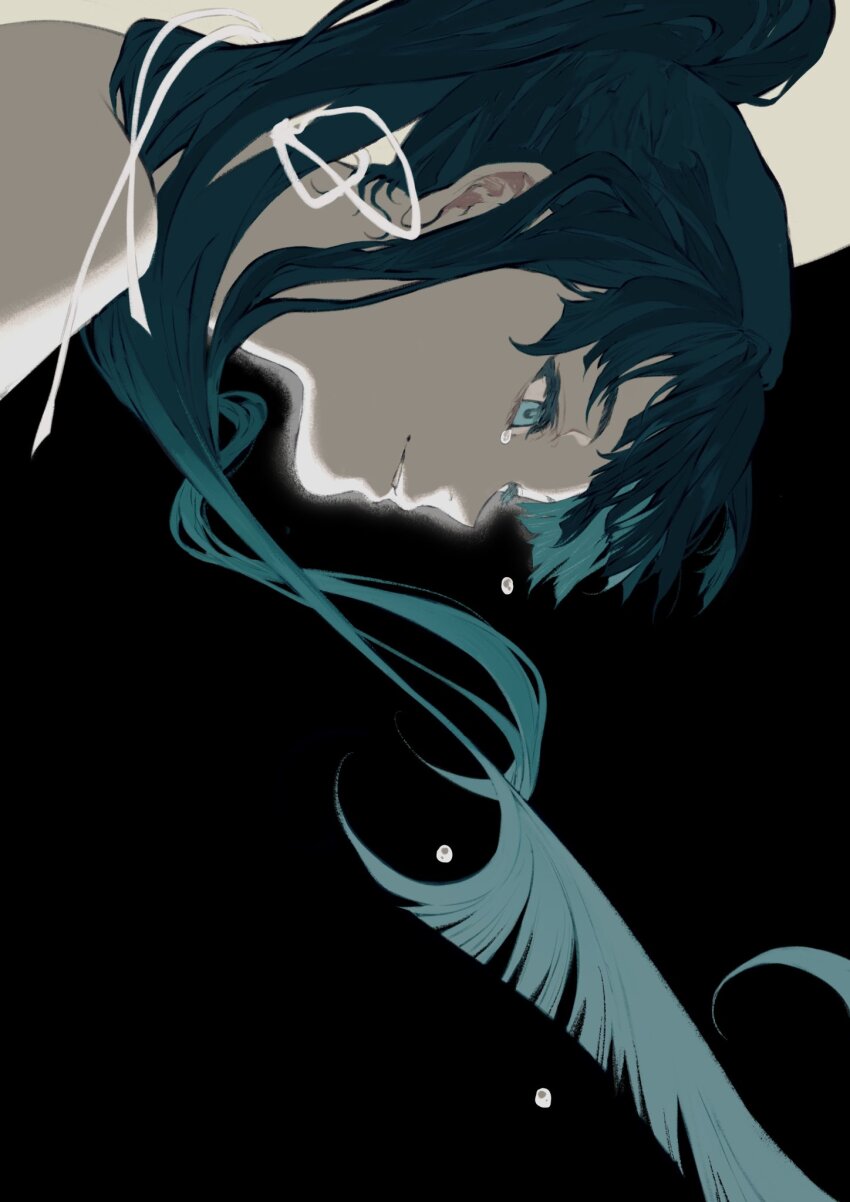 1girl bare_shoulders black_background blue_eyes blue_hair blunt_ends commentary crying crying_with_eyes_open floating_hair flying_teardrops glowing grin halterneck highres long_hair looking_ahead minato_hikaru parted_lips ponytail portrait profile sideways simple_background smile solo soukou_akki_muramasa symbol-only_commentary tears tuzaixia