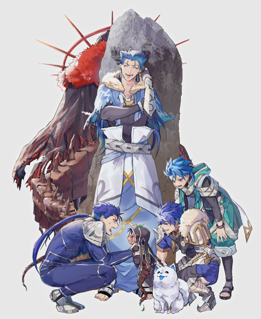 6+boys annoyed arguing armor basashi_(1092aru) black_cape black_gloves blue_bodysuit blue_capelet blue_hair blue_tongue bodysuit bracelet braid cape capelet carrying closed_eyes colored_tongue cu_chulainn_(caster)_(fate) cu_chulainn_(fate) cu_chulainn_(fate/prototype) cu_chulainn_(fate/stay_night) cu_chulainn_alter_(fate) dog earrings facial_mark facing_viewer fate/grand_order fate_(series) fur_trim gloves grey_background highres hood jewelry leaning_forward long_hair male_focus messy_hair mini_cu-chan_(fate) multiple_boys open_mouth ponytail red_eyes rock samoyed_(dog) setanta_(fate) shoulder_armor simple_background smile spiked_tail squatting tail tattoo toeless_footwear white_cape