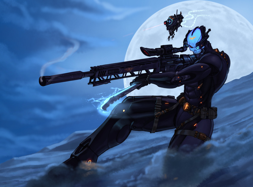 1boy adapted_costume alternate_costume aquila_(symbol) arcmimus armor assassin assault_visor black_armor crossover culexus day_of_wrath_(infinitypilot) doom_(2016) doom_(series) doom_eternal drone dynamic_pose energy_weapon eversor full_armor full_moon futuristic_weapon glowing glowing_mask glowing_sword glowing_weapon gun helmet highres holding holding_gun holding_sword holding_weapon hologram imperial_aquila imperium_of_man mask military moon night night_sky officio_assassinorum power_suit power_sword rifle robot sam_(day_of_wrath) science_fiction servo-skull skull skull_mask skullhacker_(day_of_wrath) sky sliding smoke smoking_barrel sniper_rifle suppressor sword vindicare visor_(armor) warhammer_40k weapon