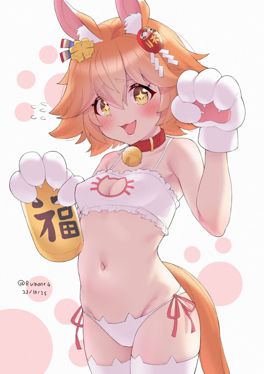 1girl absurdres animal_ears animal_hands breasts cat_cutout cat_lingerie cleavage_cutout clothing_cutout clover_hair_ornament commentary_request daruma_doll gloves hair_ornament highres horse_ears horse_girl horse_tail maneki-neko matikanefukukitaru_(umamusume) medium_breasts navel orange_hair panties petite romaji_commentary ruinone short_hair solo tail thighhighs umamusume underwear