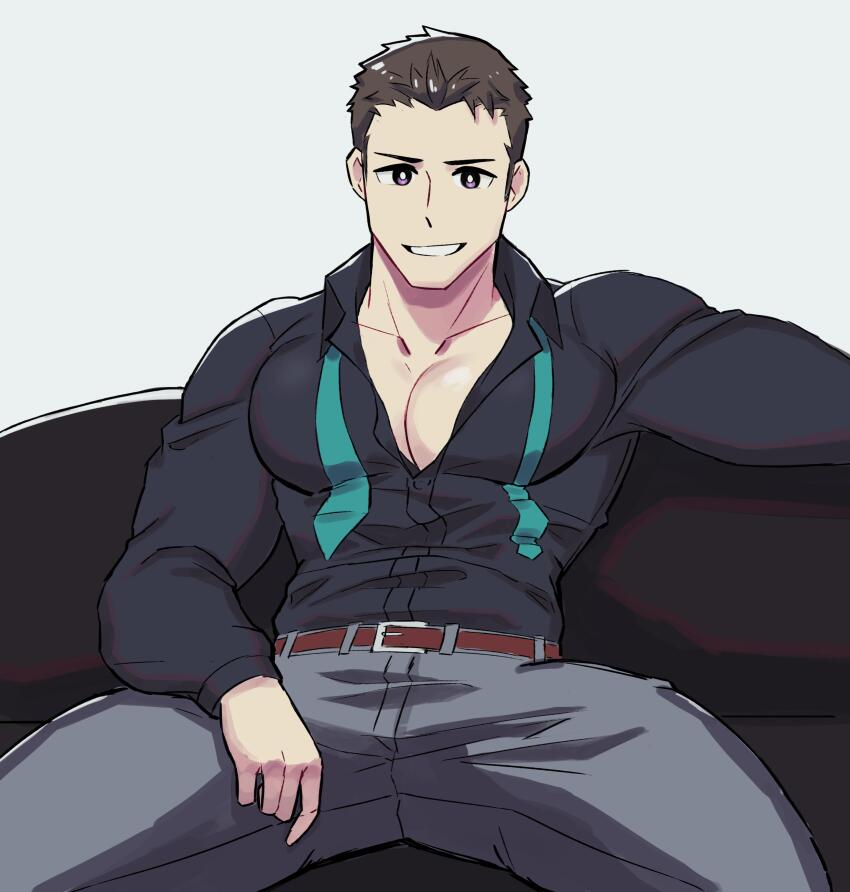 1boy absurdres bara belt black_shirt brown_belt collared_shirt grey_pants highres idolmaster idolmaster_side-m large_pectorals looking_at_viewer male_focus milkiato muscular muscular_male necktie official_alternate_costume official_alternate_hairstyle pants pectoral_cleavage pectorals purple_eyes shingen_seiji shirt short_hair simple_background sitting smile solo undone_necktie