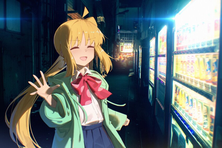 1girl ^_^ ahoge blonde_hair blue_skirt blush bocchi_the_rock! bow bowtie closed_eyes collared_shirt commentary_request green_jacket hand_up highres ijichi_nijika jacket jl_tan long_hair long_sleeves looking_at_viewer night open_mouth photo_background pleated_skirt polka_dot polka_dot_bow polka_dot_bowtie red_bow red_bowtie shirt side_ponytail sidelocks skirt solo vending_machine waving white_shirt
