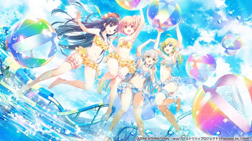 4girls :d ahoge amano_soraha ankle_garter anklet arm_up arms_up assault_lily ball bare_arms bare_legs bare_shoulders barefoot beachball bikini bikini_skirt black_hair blonde_hair blue_bikini blue_sky bow bracelet frilled_thigh_strap brown_eyes choker cloud commentary_request day dutch_angle egawa_kusumi floating_hair flower frilled_bikini frills from_below front-tie_bikini_top front-tie_top grey_hair hair_bow hair_flower hair_ornament halterneck hand_up hitotsuyanagi_riri holding holding_ball holding_beachball holding_hands hosoi_mieko interlocked_fingers jewelry jumping lens_flare long_hair looking_at_object looking_at_viewer looking_up low_ponytail midair multi-strapped_bikini_bottom multicolored_bikini multiple_girls navel necklace official_alternate_costume official_alternate_hairstyle official_art one_side_up open_mouth outdoors pendant pink_eyes pink_hair plaid_bikini plaid_clothes ponytail pool purple_eyes purple_ribbon red_bow ribbon roller_coaster see-through_clothes shirai_yuyu short_hair sidelocks sky smile stomach swimsuit thigh_strap two-tone_bikini very_long_hair water water_drop water_slide waterpark white_bikini white_choker white_flower white_ribbon yellow_bikini yellow_ribbon