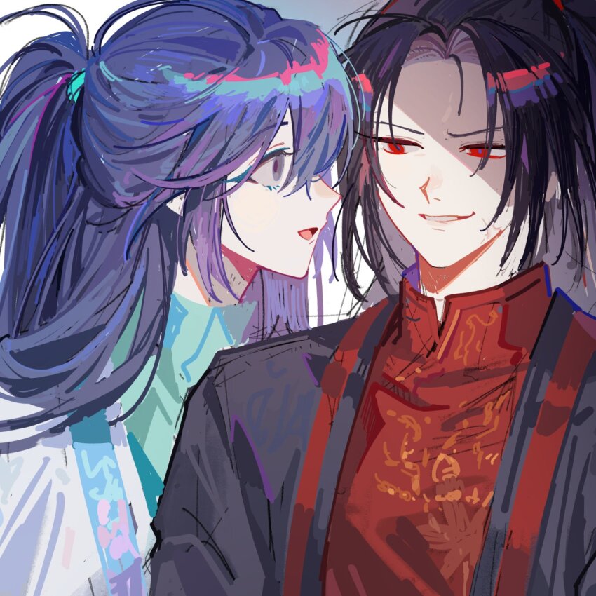 2boys black_eyes black_hair chinese_clothes half_updo hanfu highres hong_lu_(project_moon) hsh7955 jia_huan_(project_moon) limbus_company long_hair looking_to_the_side mandarin_collar multiple_boys open_mouth parted_bangs parted_lips project_moon red_eyes red_shirt shirt smile sweat very_long_hair white_hanfu