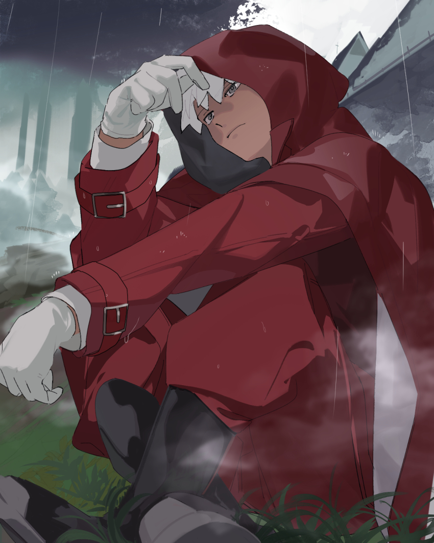1boy archer_(fate) boots coat dark-skinned_male dark_skin fate/grand_order fate_(series) gloves highres male_focus outdoors rain red_coat solo tan wagaya43 white_hair