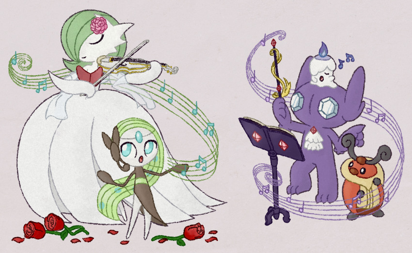 absurdres blue_eyes bug closed_eyes colored_skin dress elbow_gloves flower gardevoir gen_3_pokemon gen_4_pokemon gen_5_pokemon gloves grey_background highres instrument kricketot legendary_pokemon litwick mega_gardevoir mega_pokemon meloetta meloetta_(aria) music musical_note mythical_pokemon nintendo on_head pink_flower pokemon pokemon_(creature) pokemon_on_head purple_skin red_flower red_rose rose sableye simple_background singing smile violin white_dress white_gloves white_skin zakkurz