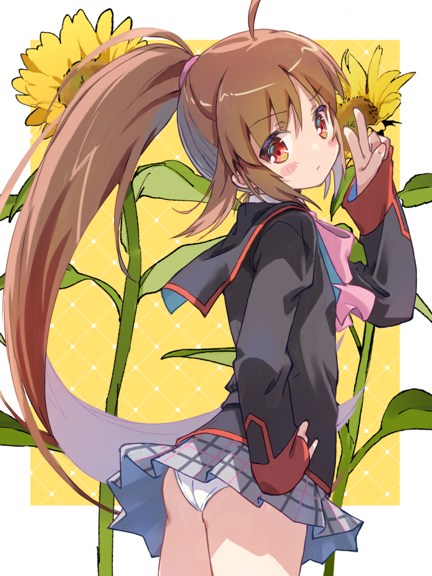 1girl :/ ahoge akayama_yukihe ass black_jacket blush_stickers border bow brown_hair closed_mouth commentary_request flower from_side frown grey_skirt hair_between_eyes hand_on_own_hip hand_up highres jacket little_busters! little_busters!_school_uniform long_hair looking_at_viewer miniskirt natsume_rin outside_border panties pantyshot pink_bow plaid_clothes plaid_skirt pleated_skirt ponytail red_eyes school_uniform sidelocks simple_background skirt sleeves_past_wrists solo sunflower underwear v v-shaped_eyebrows very_long_hair white_border white_panties wind wind_lift yellow_background