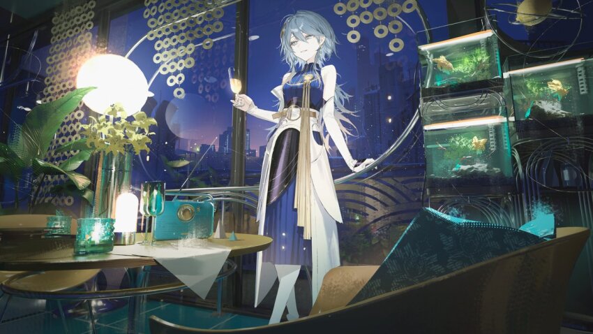 blue_hair chair cup detached_sleeves drinking_glass earrings fish_tank jewelry long_hair long_skirt original plant radio radio_antenna reoen rk_music skirt table window wine_glass