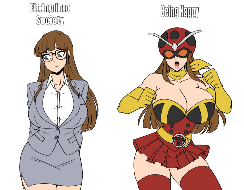 1girl absurdres arms_behind_back bare_shoulders being_happy_or_fitting_into_society_(meme) blue_eyes breasts brown_hair buttons cleavage closed_mouth cowboy_shot glasses gloves goggles grey_jacket grey_skirt helmet highres huge_breasts iggybomb jacket long_hair looking_to_the_side meme office_lady okada_yuriko pleated_skirt red_skirt red_thighhighs scarf shirt simple_background skirt standing thighhighs toujima_tanzaburou_wa_kamen_rider_ni_naritai white_background white_shirt yellow_gloves