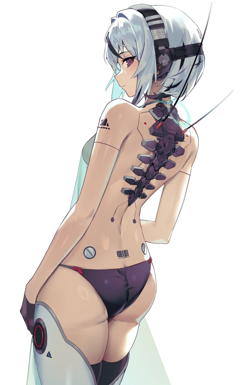 1girl absurdres ass back_tattoo barcode barcode_tattoo black_gloves black_hair blush breasts butt_crack cable closed_mouth cowboy_shot cyborg gloves grey_hair hair_intakes headgear highres looking_at_viewer mechanical_spine multicolored_hair original panties purple_eyes purple_panties ryou_(ponpgo) shiny_skin short_hair sideways_glance simple_background small_breasts solo standing streaked_hair tattoo tramp_stamp two-tone_hair underwear white_background