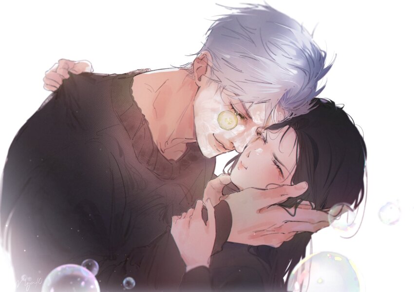 blush brown_hair bubble closed_eyes closed_mouth cucumber cucumber_slice eyelashes happy highres lips long_hair long_sleeves love_and_deepspace ng_ai0 parted_bangs protagonist_(love_and_deepspace) shirt short_hair sylus_(love_and_deepspace) upper_body white_background white_hair