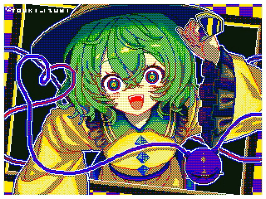 1girl :d absurdres arm_up black_hat border buttons crazy crazy_eyes crazy_smile crossed_bangs diamond_button flipnote_studio_(medium) frilled_shirt_collar frilled_sleeves frills green_eyes green_hair hair_between_eyes hashtag-only_commentary hat heart heart_of_string highres holding holding_knife holding_weapon knife koishi_day komeiji_koishi long_sleeves multicolored_eyes open_mouth pixel_art red_eyes red_pupils shirt short_hair smile solo teeth third_eye touhou touki_izumi twitter_username upper_body upper_teeth_only watermark weapon white_border yellow_eyes yellow_shirt