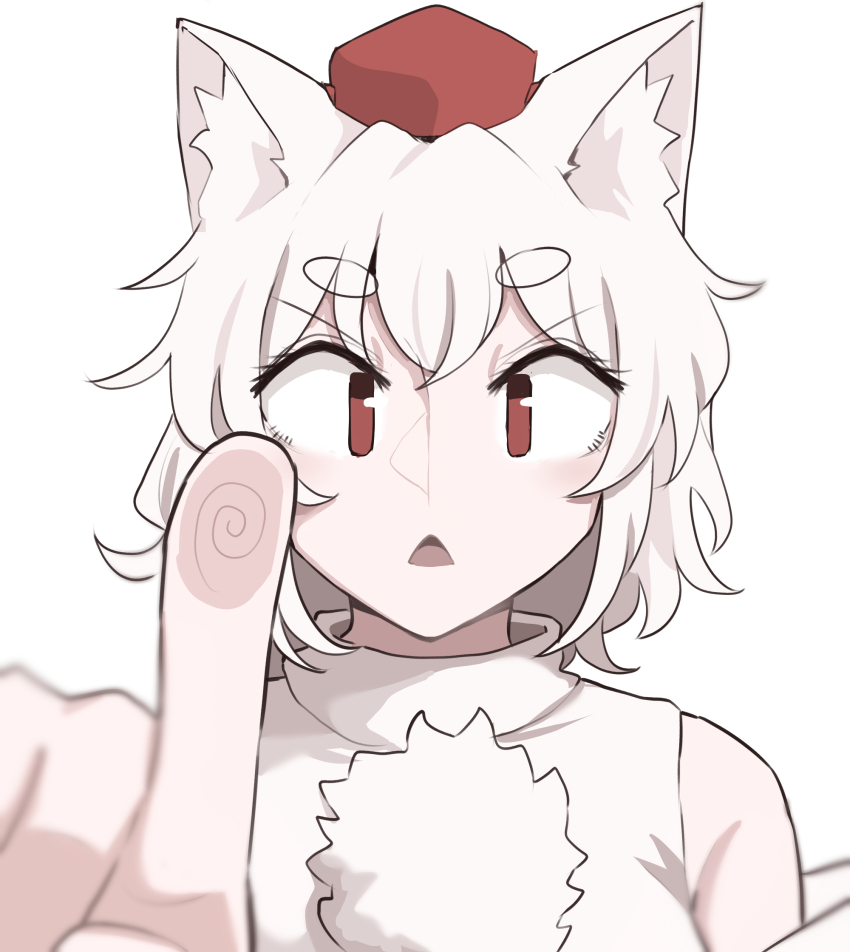 1girl :&lt; against_glass animal_ear_fluff animal_ears blurry commentary crossed_bangs depth_of_field detached_sleeves english_commentary fingerprint fourth_wall hat highres inubashiri_momiji light_smile looking_at_viewer mata_(matasoup) open_mouth pointing pointing_at_viewer poking pom_pom_(clothes) red_eyes red_hat shirt short_hair simple_background solo tokin_hat touhou triangle_mouth upper_body v-shaped_eyebrows white_background white_hair white_shirt wolf_ears wolf_girl