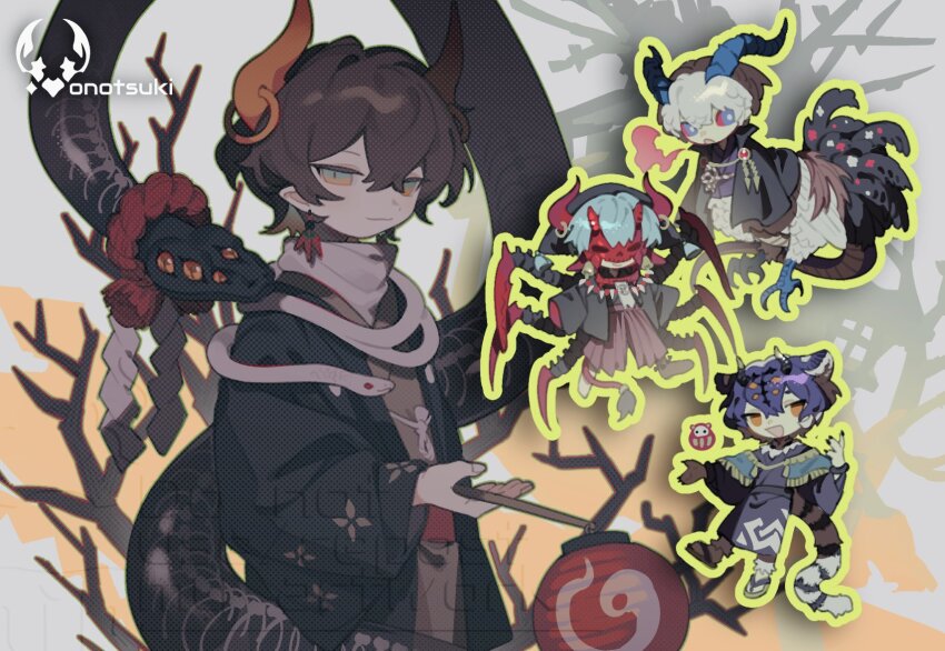 4boys animal black_coat brown_hair brown_kimono coat cockatrice commentary_request haori highres horns japanese_clothes kimono lantern looking_at_viewer male_focus monster monster_boy multiple_boys onotsuki_w2 original paper_lantern pointy_ears short_hair snake spider_boy tiger_boy