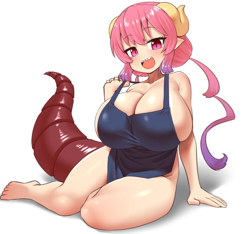 1girl :d apron arm_support barefoot blue_apron breasts cleavage commentary curled_horns dragon_girl dragon_horns dragon_tail full_body gradient_hair highres horns huge_breasts ilulu_(maidragon) kobayashi-san_chi_no_maidragon long_hair looking_at_viewer multicolored_hair naked_apron open_mouth pero_(pero7762) pink_hair pointy_ears purple_eyes purple_hair red_eyes red_tail sharp_teeth shortstack simple_background sitting slit_pupils smile solo strap_pull tail teeth twintails upper_teeth_only white_background yellow_horns yokozuwari