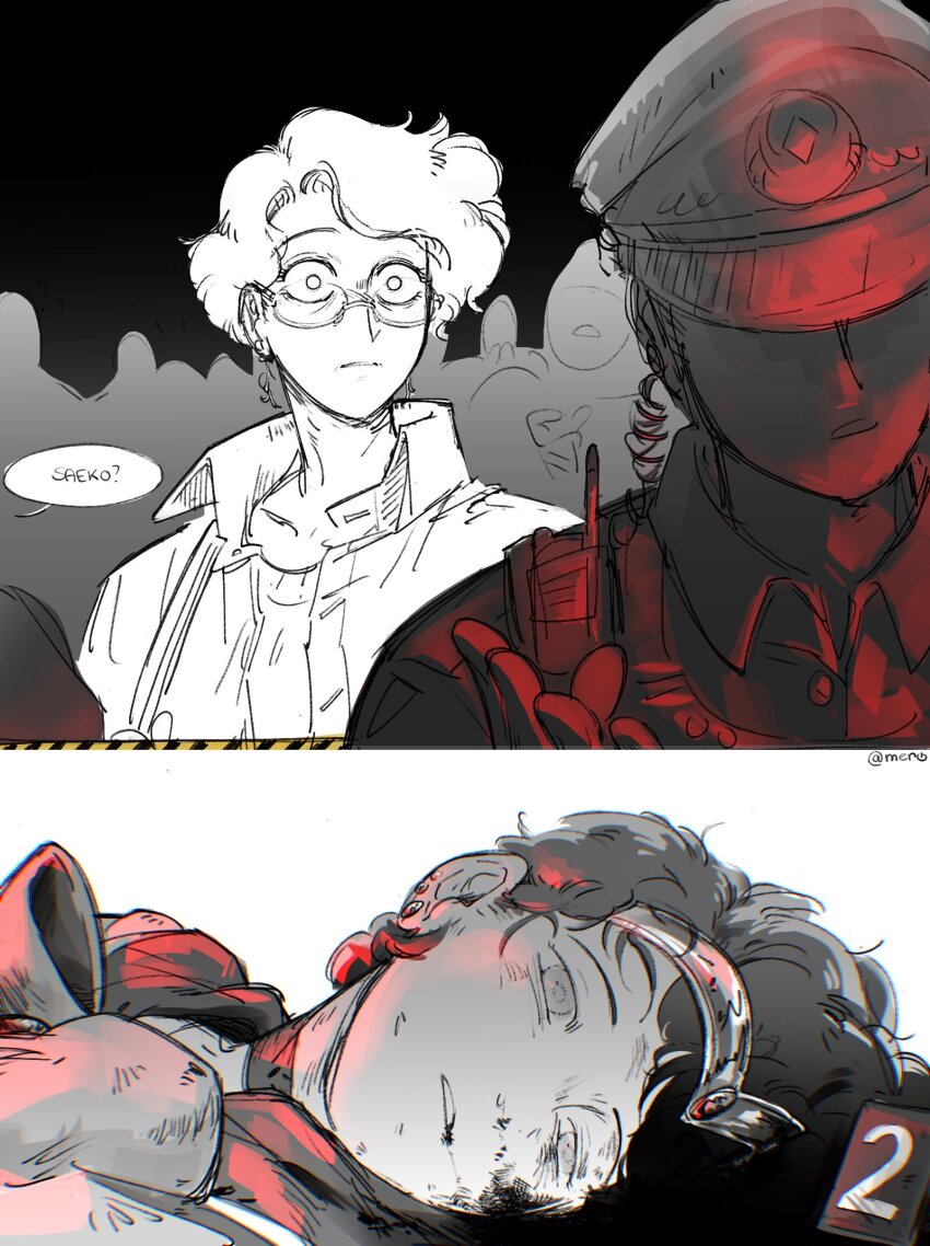 bishoujo_senshi_sailor_moon bow bowtie bruise bruise_on_face circlet death earrings empty_eyes glasses highres injury jacket jewelry mercuri0ff mizuno_ami mizuno_saeko red_light sailor_collar sailor_senshi_uniform short_hair spot_color