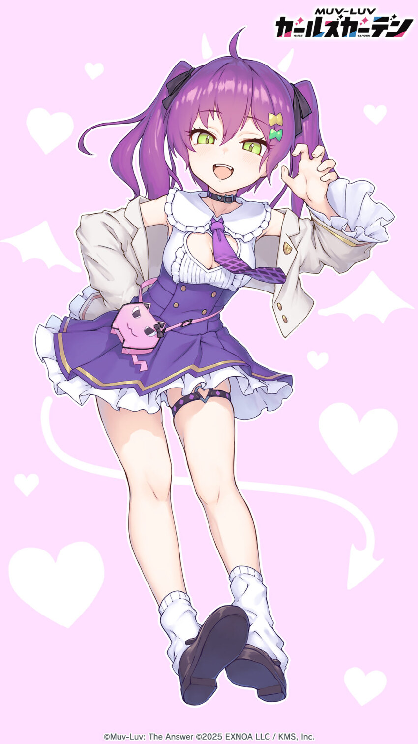 1girl 2025 ahoge animal_bag artist_request black_collar black_ribbon breasts brown_jacket brown_shoes cleavage cleavage_cutout clothing_cutout collar copyright_logo copyright_name copyright_notice dress fanny_pack green_eyes hair_between_eyes hair_ornament hair_ribbon heart highres jacket kuchiba_rami logo looking_at_viewer loose_socks multicolored_dress muv-luv muv-luv_girls_garden official_art open_clothes open_jacket open_mouth paw_pose pink_background purple_dress purple_hair ribbon shoes sleeveless sleeveless_dress socks solo teeth thigh_strap twintails upper_teeth_only white_dress