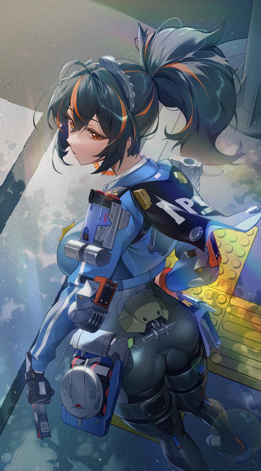 1girl absurdres ass black_hair black_pants blue_jacket breasts commentary day from_above gun handlebar high-waist_pants highres holding holding_gun holding_weapon holster jacket large_breasts looking_at_viewer looking_back metal_hairband multicolored_hair ninebell outdoors pants police police_uniform policewoman ponytail red_eyes red_hair shoulder_holster solo streaked_hair tactile_paving tight_clothes tight_pants weapon zenless_zone_zero zhu_yuan