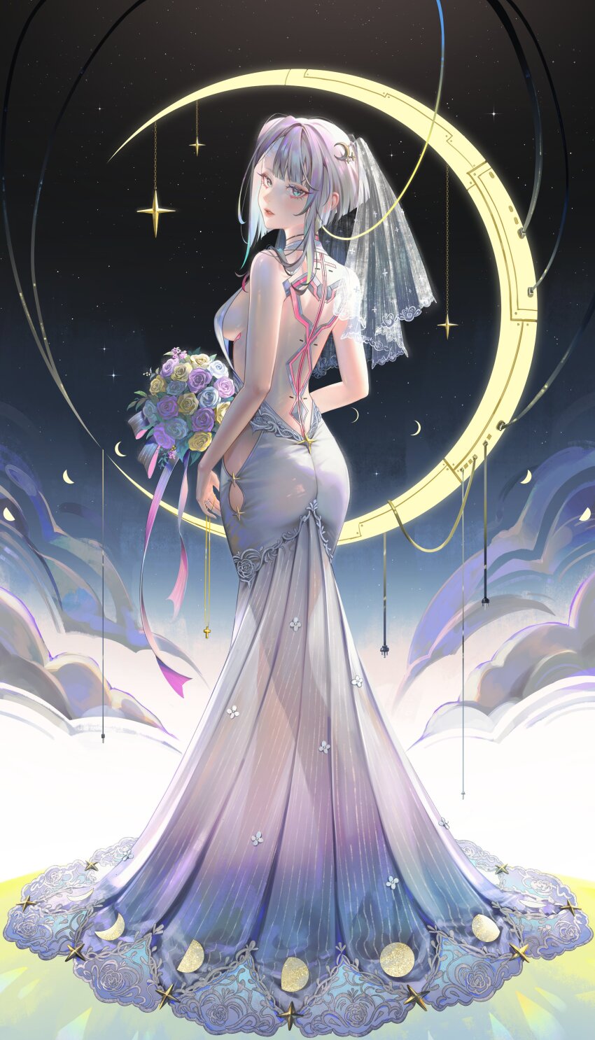 1girl absurdres artificial_eye backless_dress backless_outfit bare_shoulders bob_cut bouquet breasts bridal_veil bride colored_eyelashes commentary crescent crescent_hair_ornament crescent_moon cyberpunk cyberpunk_(series) cyberpunk_edgerunners cyborg dress eyeliner flower from_behind full_moon gibbous_moon hair_ornament half_moon highres holding holding_bouquet jewelry long_dress looking_at_viewer looking_back lucy_(cyberpunk) makeup medium_breasts moon moon_phases multicolored_eyes multicolored_hair new_moon parted_bangs parted_lips red_eyeliner red_lips ring short_hair short_hair_with_long_locks sideboob sky solo standing star_(sky) starry_sky tamaki_(tamaki599) veil wedding_dress white_hair