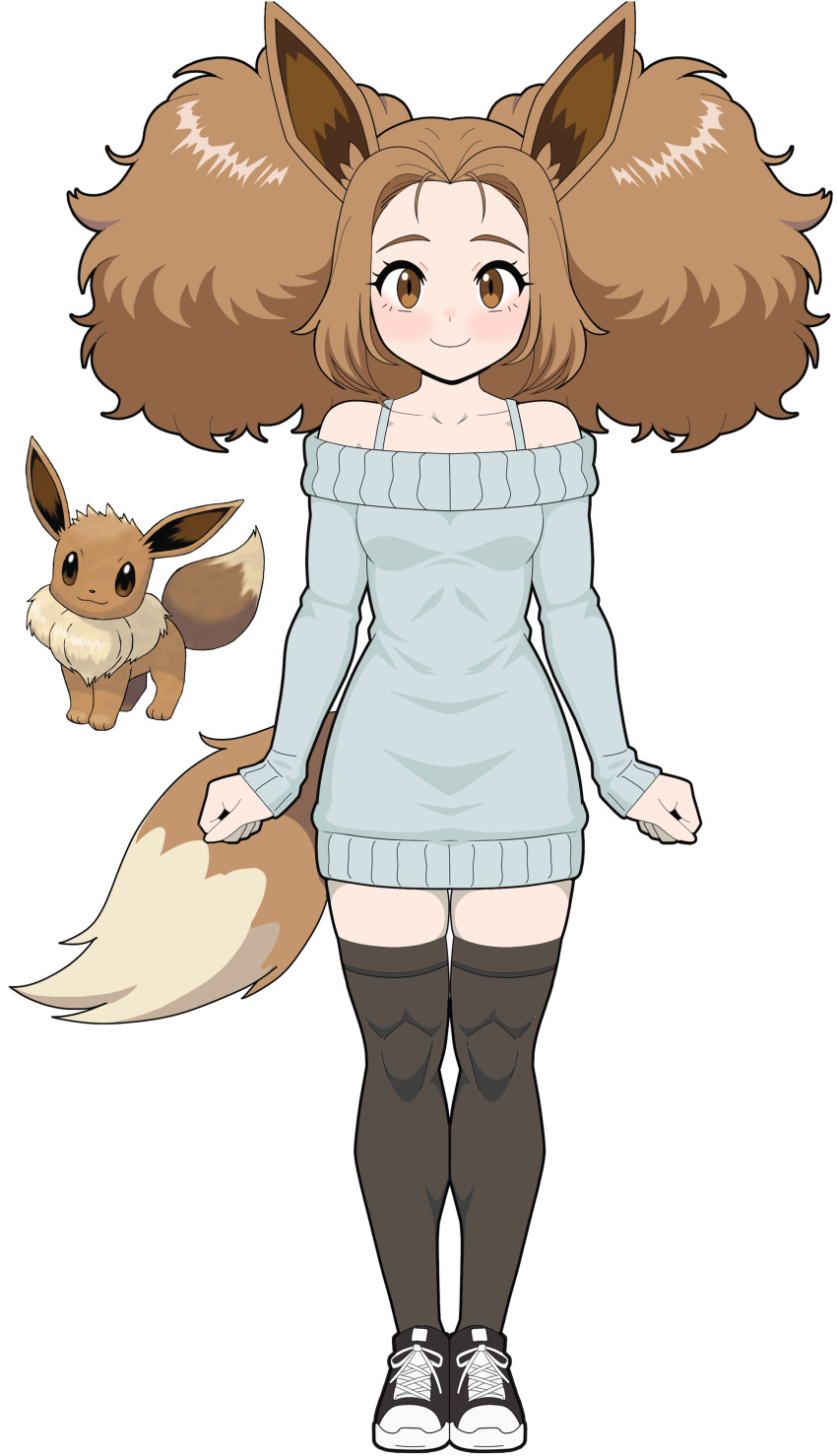 1girl absurdres animal_ears black_thighhighs blush brown_eyes brown_hair eevee farajtank fluffy_hair forehead full_body gen_1_pokemon grey_sweater highres nintendo off-shoulder_sweater off_shoulder parted_bangs personification pokemon pokemon_(creature) pokemon_tail shoes smile sneakers sweater tail thighhighs