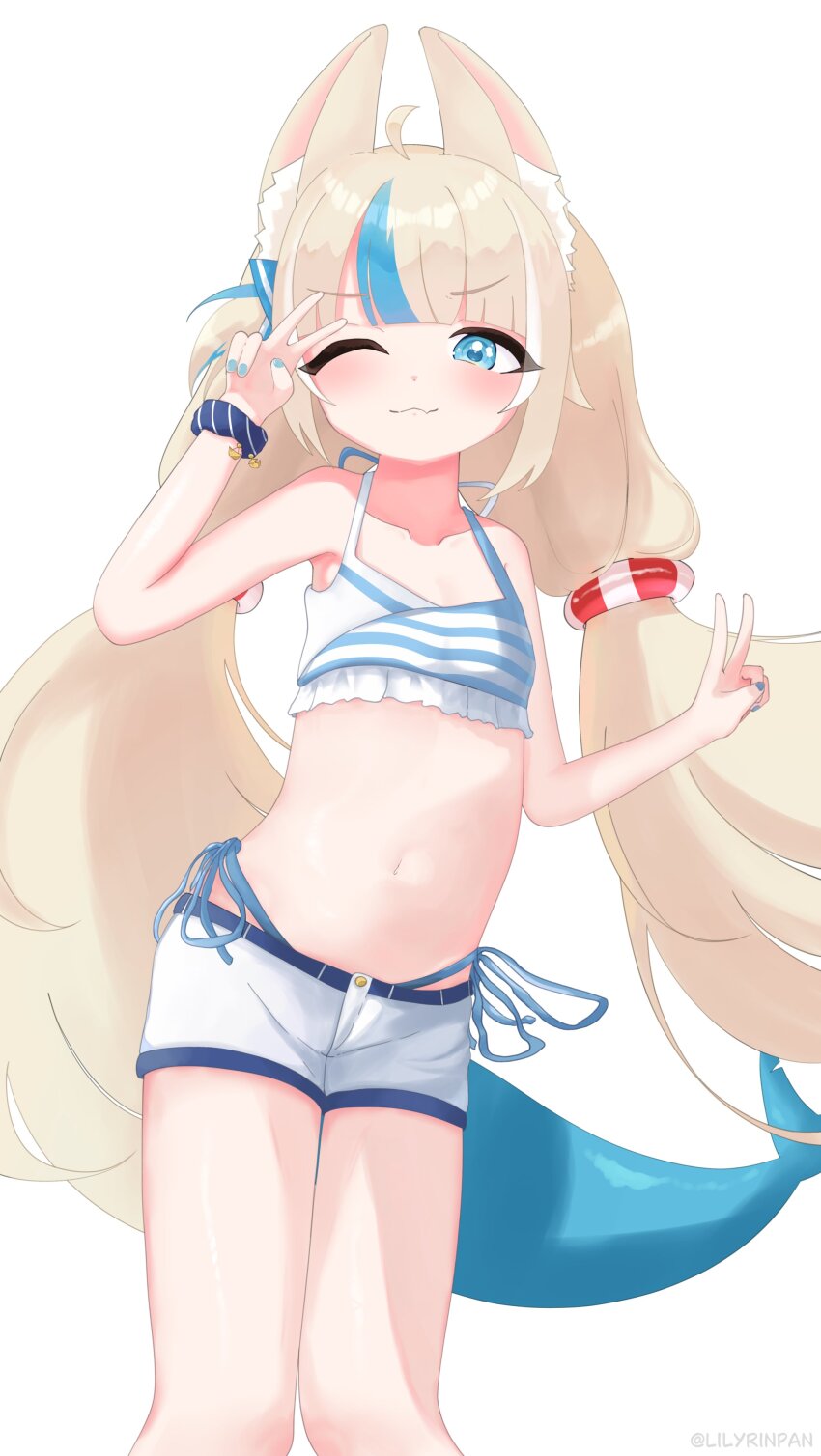1girl ;) absurdres animal_ear_fluff animal_ears bare_arms bikini blonde_hair blue_eyes blue_hair blush breasts closed_mouth crop_top fish_girl highres indie_virtual_youtuber knees lily_rinpan loli long_hair looking_at_viewer multicolored_hair one_eye_closed sameko_saba short_shorts shorts simple_background small_breasts smile solo standing stomach swimsuit tail twintails v very_long_hair virtual_youtuber white_background