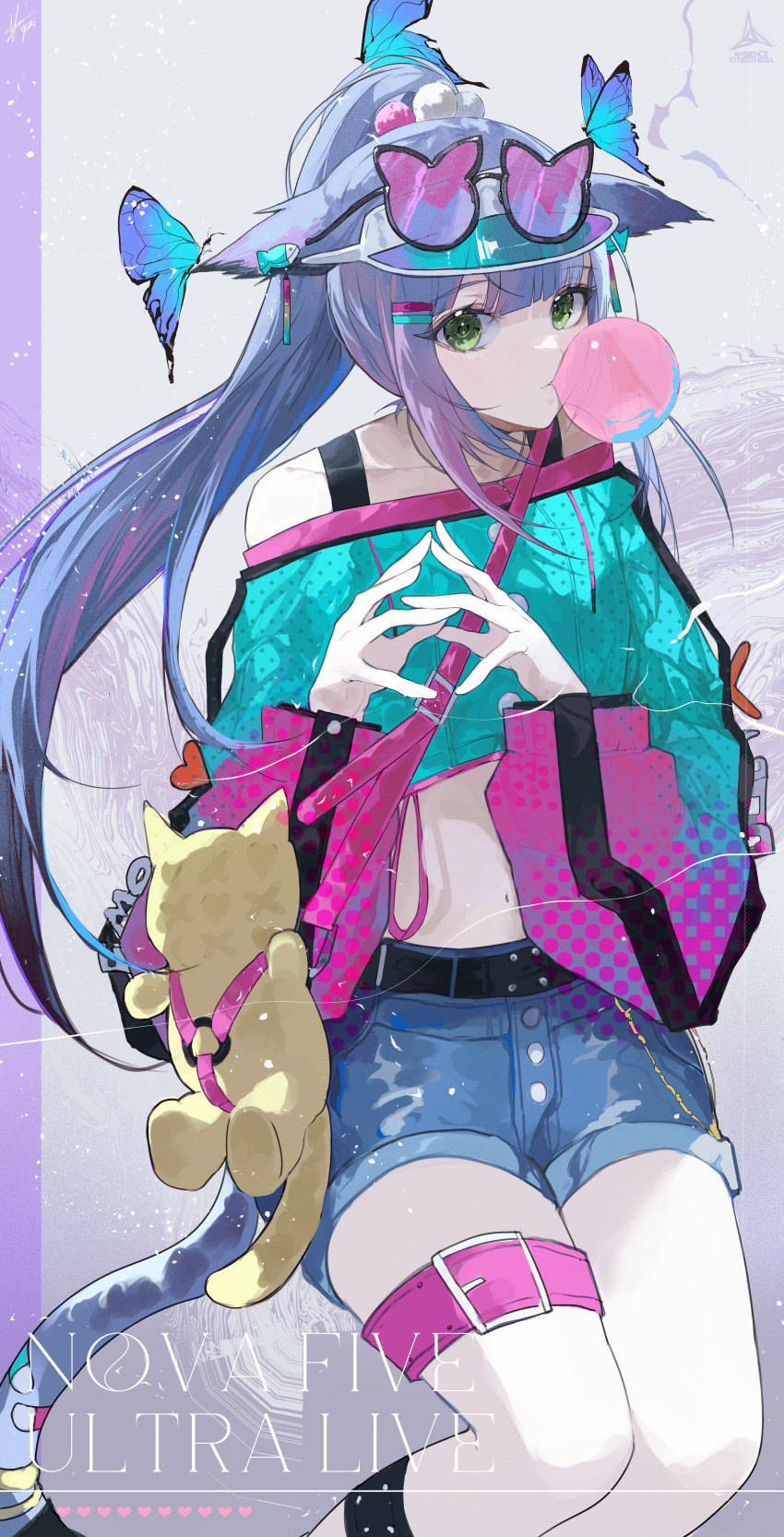 1girl absurdres alternate_costume animal_ears arknights bag belt black_belt blue_jacket bubble cat-shaped_eyewear cat_ears cat_girl cat_tail cropped_jacket denim denim_shorts english_text feet_out_of_frame green_eyes grey_hair hair_ornament high_ponytail highres jacket jessica_(arknights) long_hair long_sleeves looking_at_viewer midriff multicolored_hair multicolored_jacket pink_bag pink_belt pink_hair pink_jacket pom_pom_(clothes) pom_pom_hair_ornament ponytail shorts shoulder_bag solo sunglasses tail thigh_belt thigh_strap two-tone_eyewear two-tone_hair two-tone_jacket very_long_hair visor_cap yuki_flourish