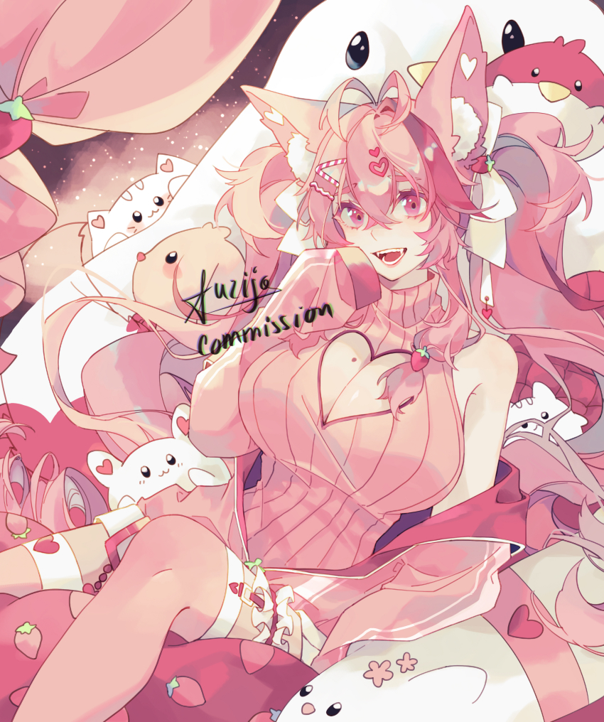 1girl ahoge animal_ears breasts commission eyelashes fangs fluff fluffy food food-themed_hair_ornament fox_ears fox_girl fruit fuzijo hair_ornament highres indie_virtual_youtuber kireina_(osiimi) large_breasts no_hands open_mouth pink_eyes pink_hair pink_legwear resolution_mismatch solo source_smaller strawberry strawberry_hair_ornament twintails virtual_youtuber