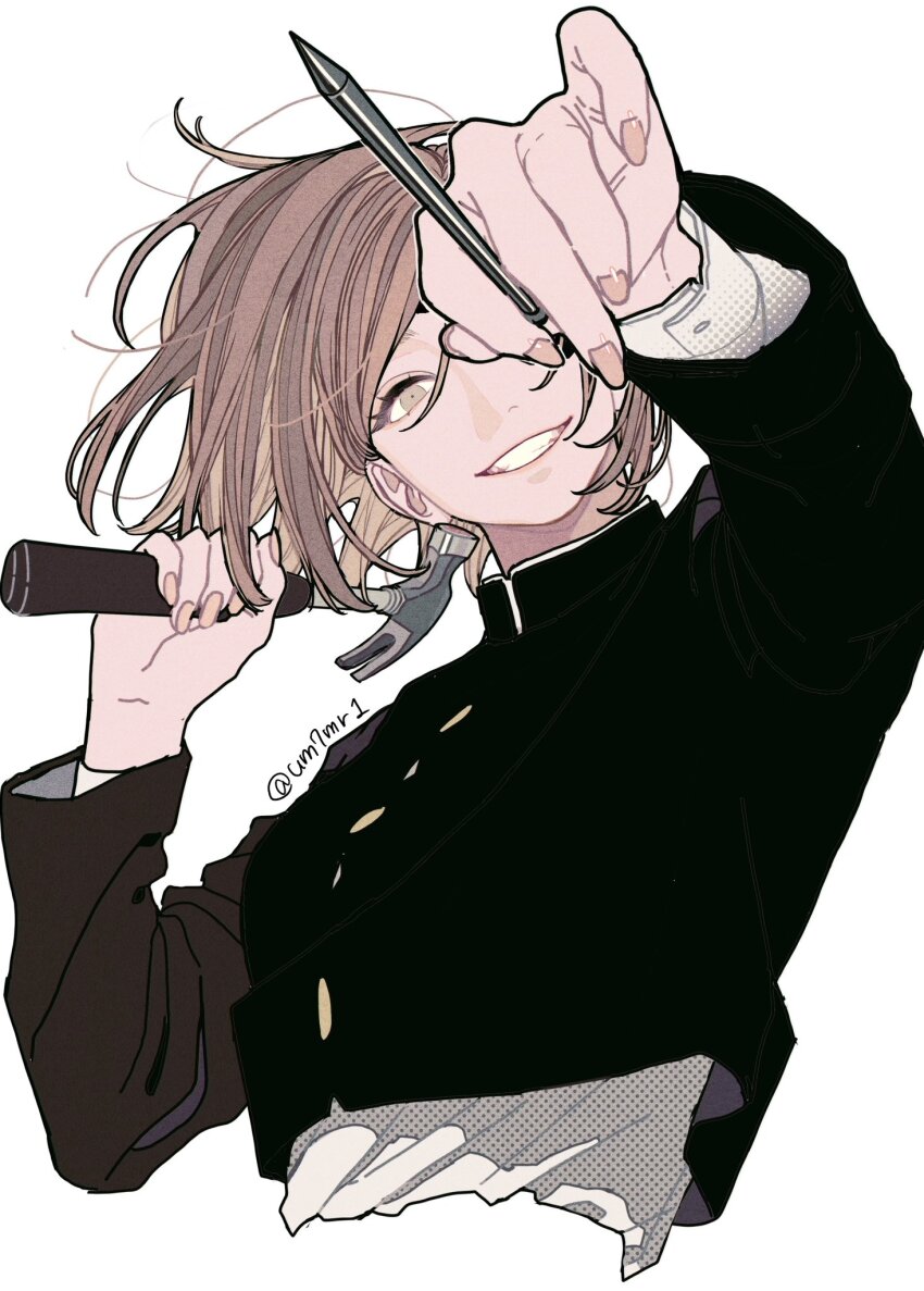 1girl black_jacket blazer brown_eyes brown_hair claw_hammer commentary cropped_torso floating_hair hammer high_collar highres holding holding_hammer holding_nail jacket jujutsu_kaisen jujutsu_tech_uniform keiko_(um7mr1) kugisaki_nobara long_sleeves looking_at_viewer nail nail_(hardware) parted_lips pink_nails shirt short_hair simple_background smile solo symbol-only_commentary twitter_username upper_body white_background white_shirt