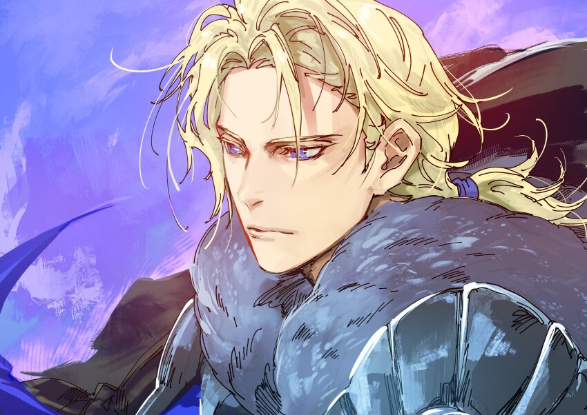 1boy alternate_costume armor black_fur blonde_hair blue_background blue_cape blue_eyes cape closed_mouth commentary_request dimitri_alexandre_blaiddyd fire_emblem fire_emblem:_three_houses fire_emblem_warriors:_three_hopes fur_trim hair_tie highres kin_mokusei looking_ahead male_focus medium_hair messy_hair nintendo official_alternate_costume official_alternate_hairstyle pauldrons ponytail short_ponytail shoulder_armor solo upper_body